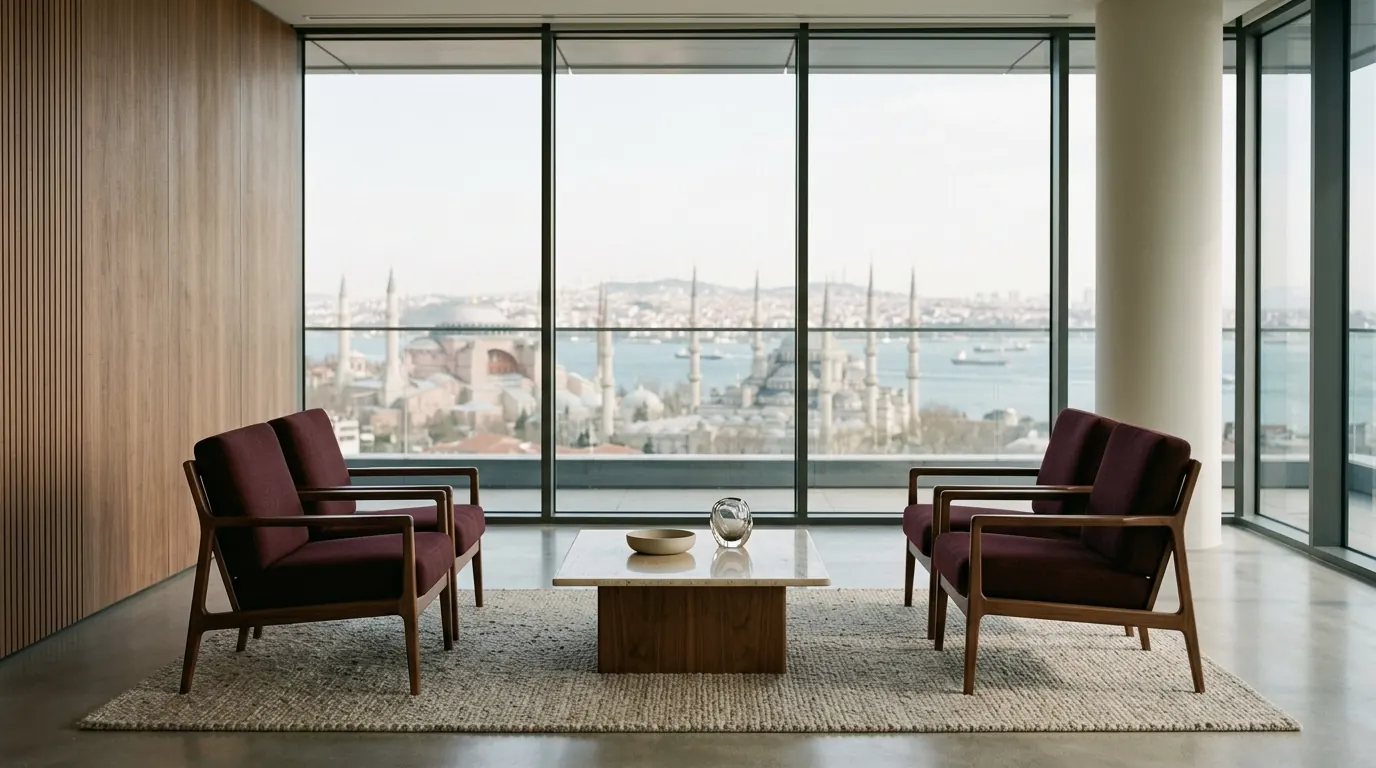 İstanbul manzaralı bir kurumsal buluşma alanında karşılıklı iki koltuk
